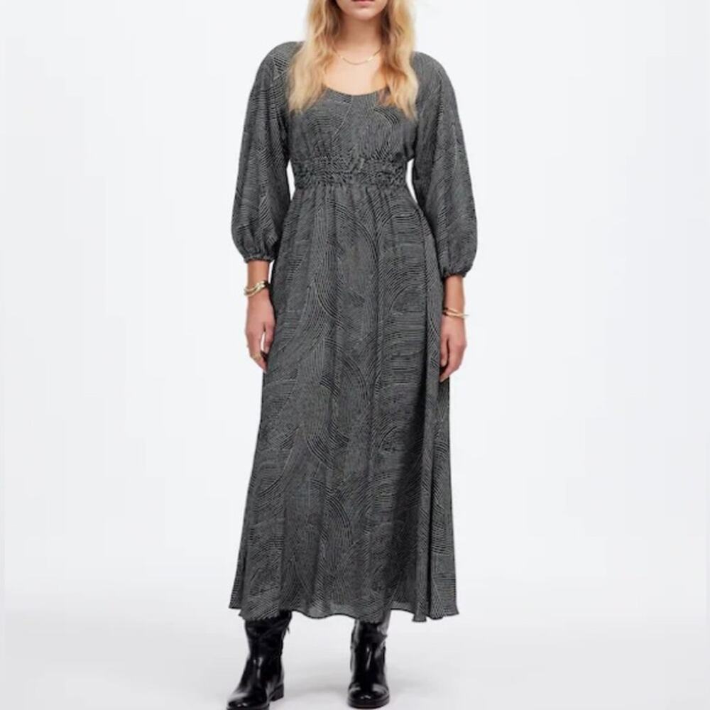 MADEWELL Balloon-Sleeve Ruched Midi Dress Dot True Black Dark Academia NWT XXS